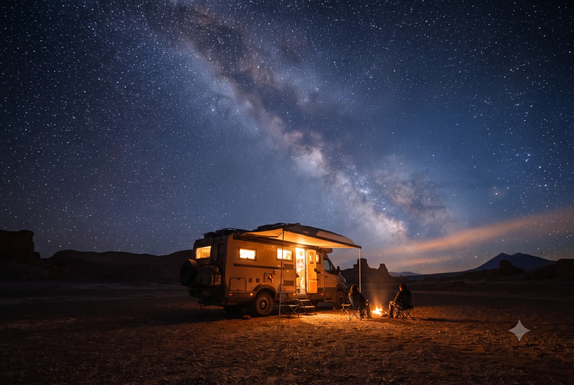 Via Láctea sobre o motorhome no deserto